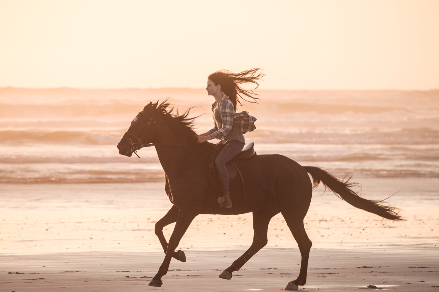 Mackenzie Foy riding Beauty along the beach